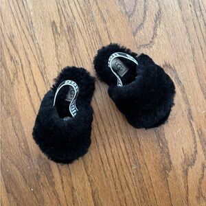 UGG Black Fuzzy Kids Slippers